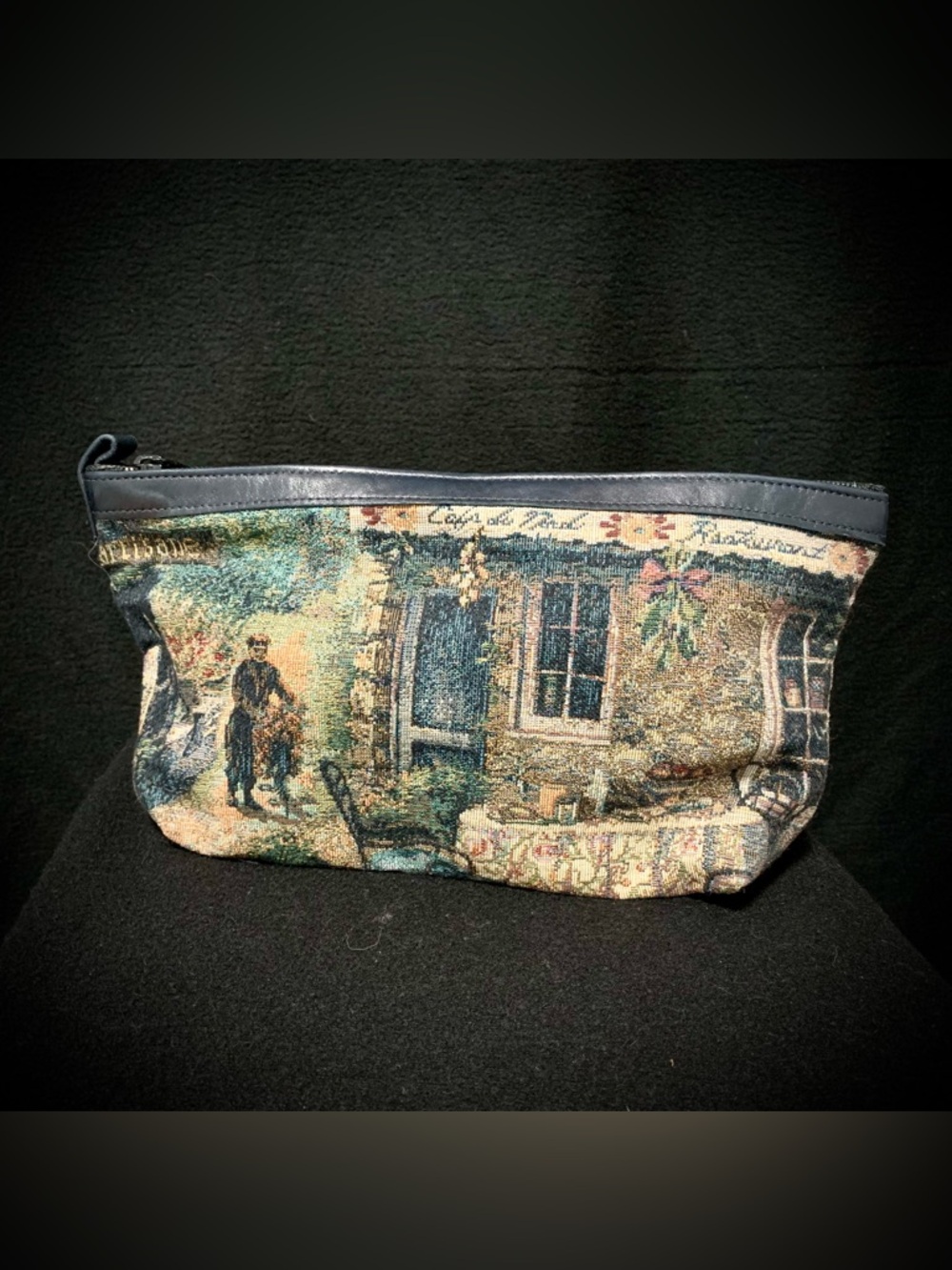 Vintage Tapestry Cosmetic Bag Village Scene Zipper Pouch NWOT